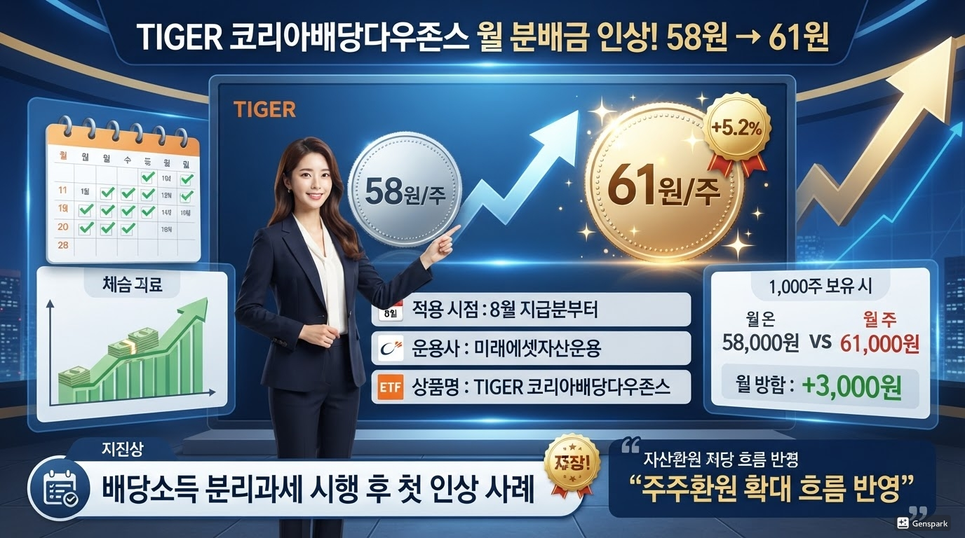 TIGER 코리아배당다우존스, 월 분배금 58원→61원 인상 소식