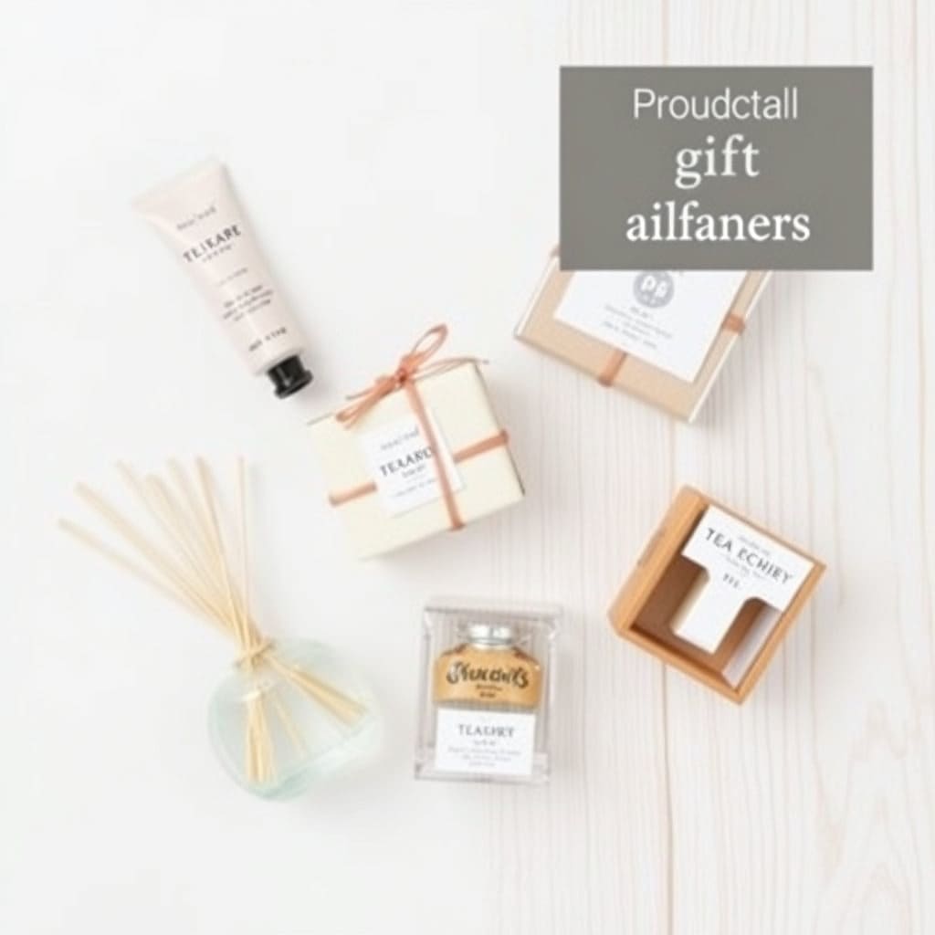 핸드크림, 비누, 차(TEA) 세트, 작은 디퓨저 등 선생님들이 부담 없이 받으실 만한 실용적인 작은 선물들을 아기자기하게 모아놓고 위에서 내려다보는 구도(탑뷰)로 촬영합니다. 배경은 깨끗한 흰색이나 부드러운 나무 질감으로 설정합니다. 깔끔하고 정돈된 제품 사진 스타일입니다.