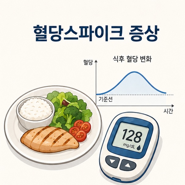 식사 후 혈당 그래프와 혈당측정기를 이용해 혈당이 빠르게 상승하는 현상을 설명하는 그림
