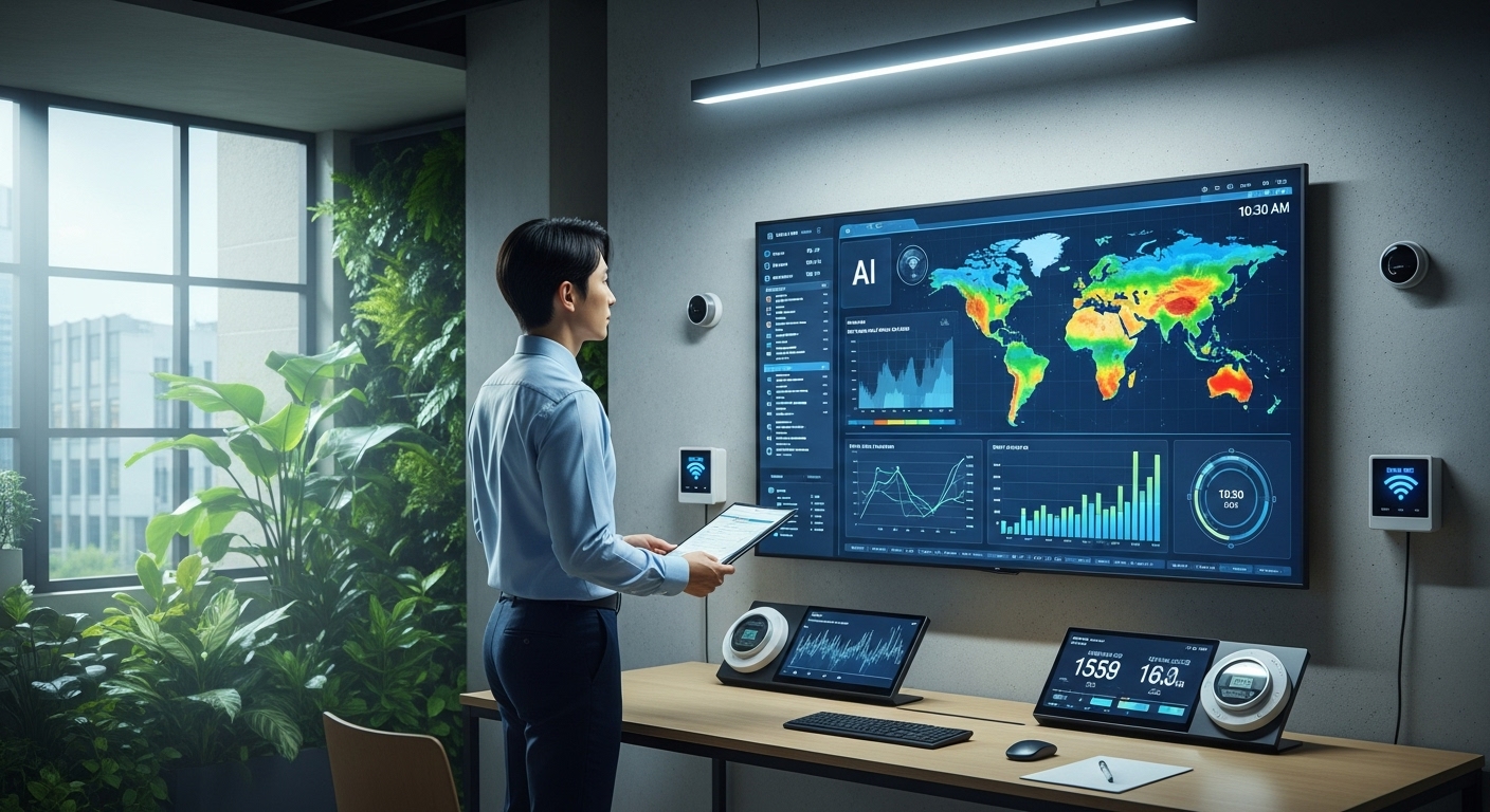 engineer monitoring a large AI-powered carbon emission dashboard