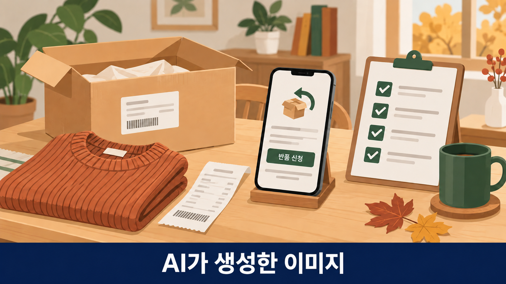 택배 상자와 반품 신청 화면으로 온라인 쇼핑 반품&middot;환불 기준을 표현한 AI 생성 일러스트