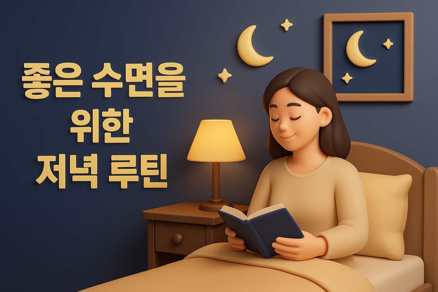 어두운 조명으로 침대에서 잘 준비를 하는 여성을 이미지화 한 그림