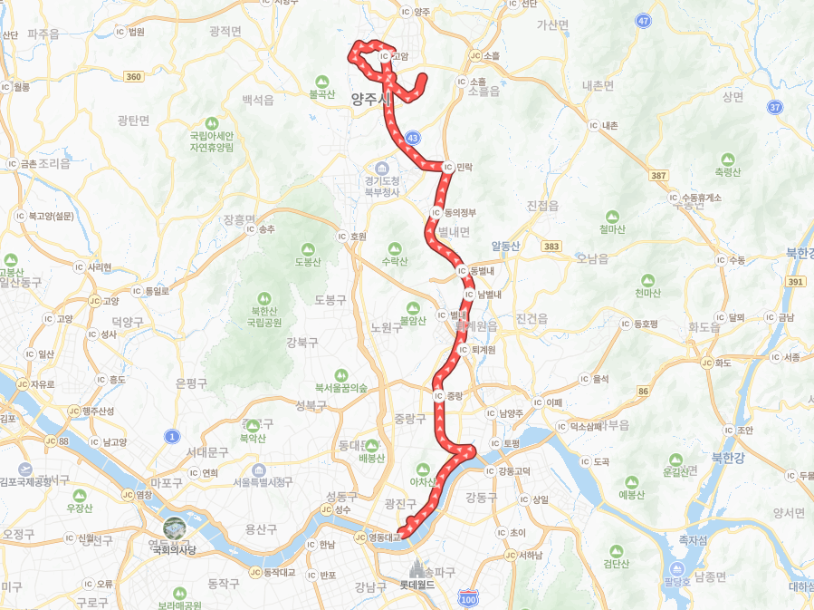 서울-양주-P9603(퇴근)번-버스-노선-지도