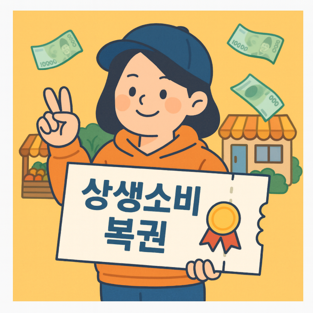 30대 여성이 상생 소비 복권에 만족하는 모습입니다.