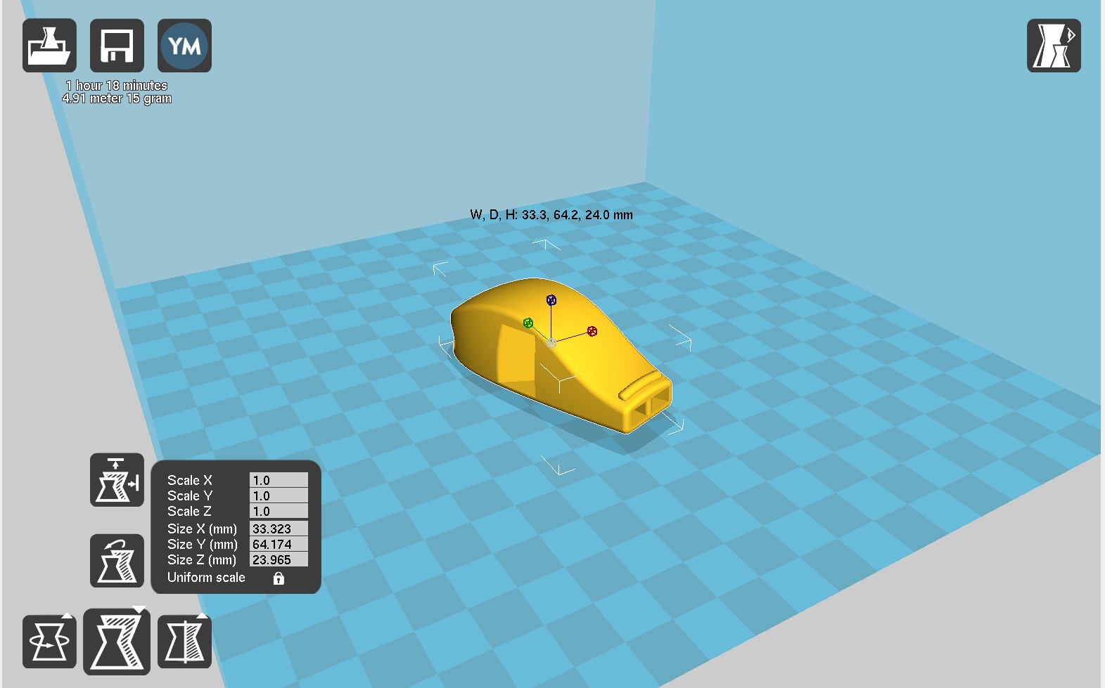 CURA 프로그램에서 호루라기 3D 모델을 불러온 화면