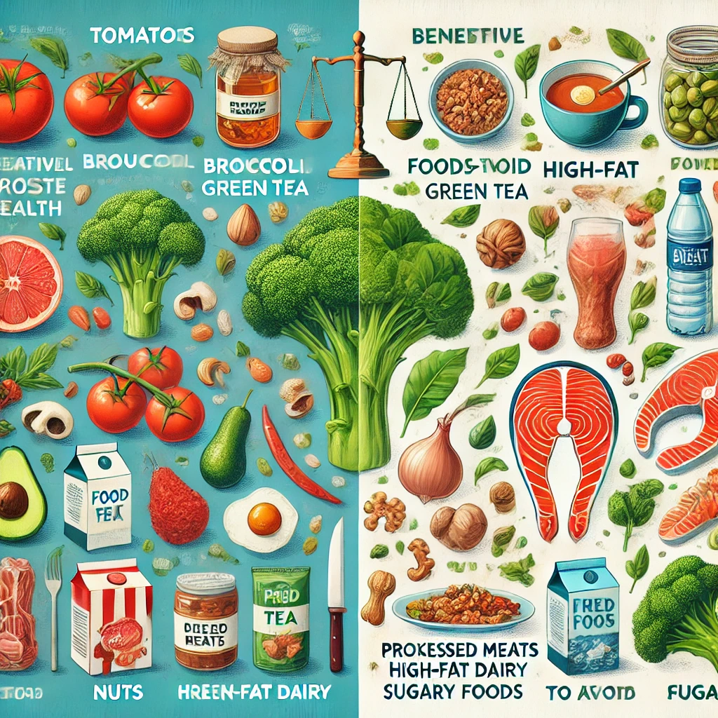 "전립선 건강에 좋은 음식 목록, 토마토, 브로콜리, 녹차, 견과류, 생선 등이 포함된 영양소 인포그래픽"