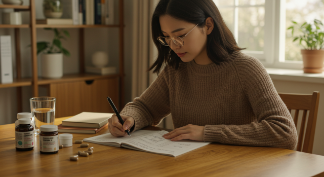 건강기능식품 선택 체크리스트를 작성하는 사람