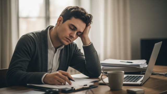 피곤한 표정으로 책상에 기대 있는 사람