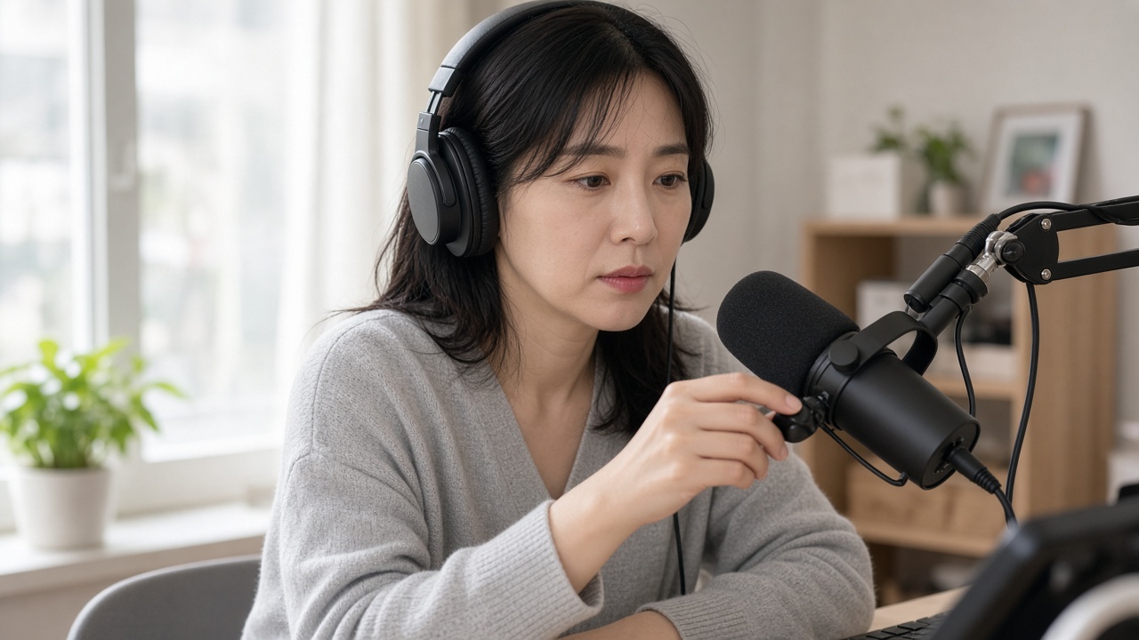 헤드폰을 쓰고 마이크 게인을 확인하는 30대 한국인 여성 스트리머