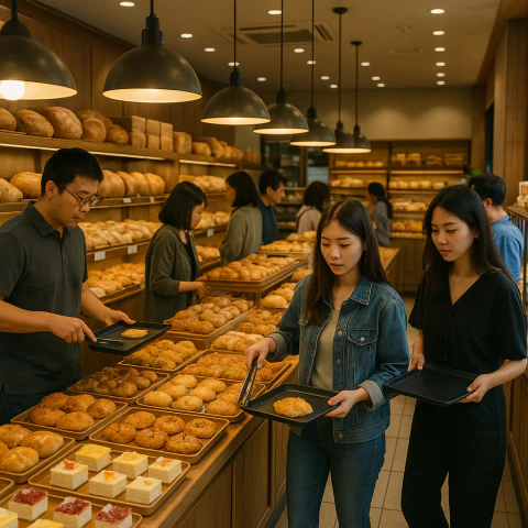 서울 대형 베이커리 매장에서 진열된 빵을 고르는 한국인 고객들