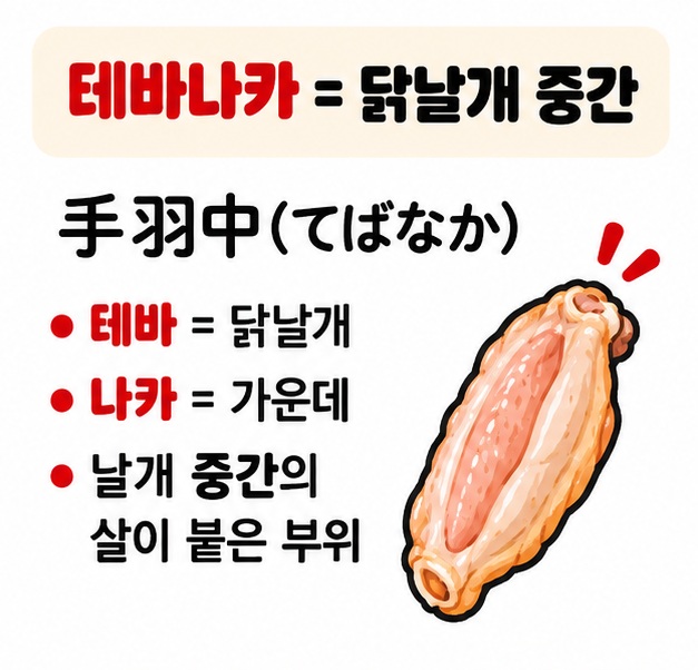 테바모토 테바나카 테바사키를 닭날개 뿌리 중간 끝 위치로 나눠 보여주는 카드