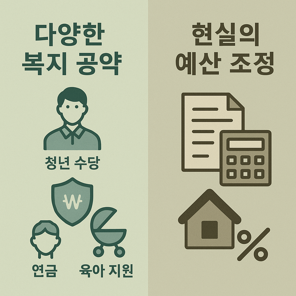 복지 공약 확대와 재정 현실 조정을 대비해 보여주는 복지정책 변화 시각자료