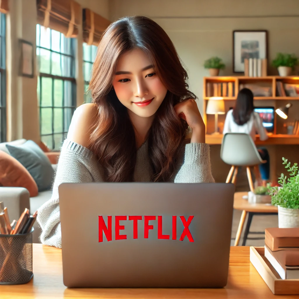 홈 오피스에서 노트북으로 넷플릭스를 즐기는 사람