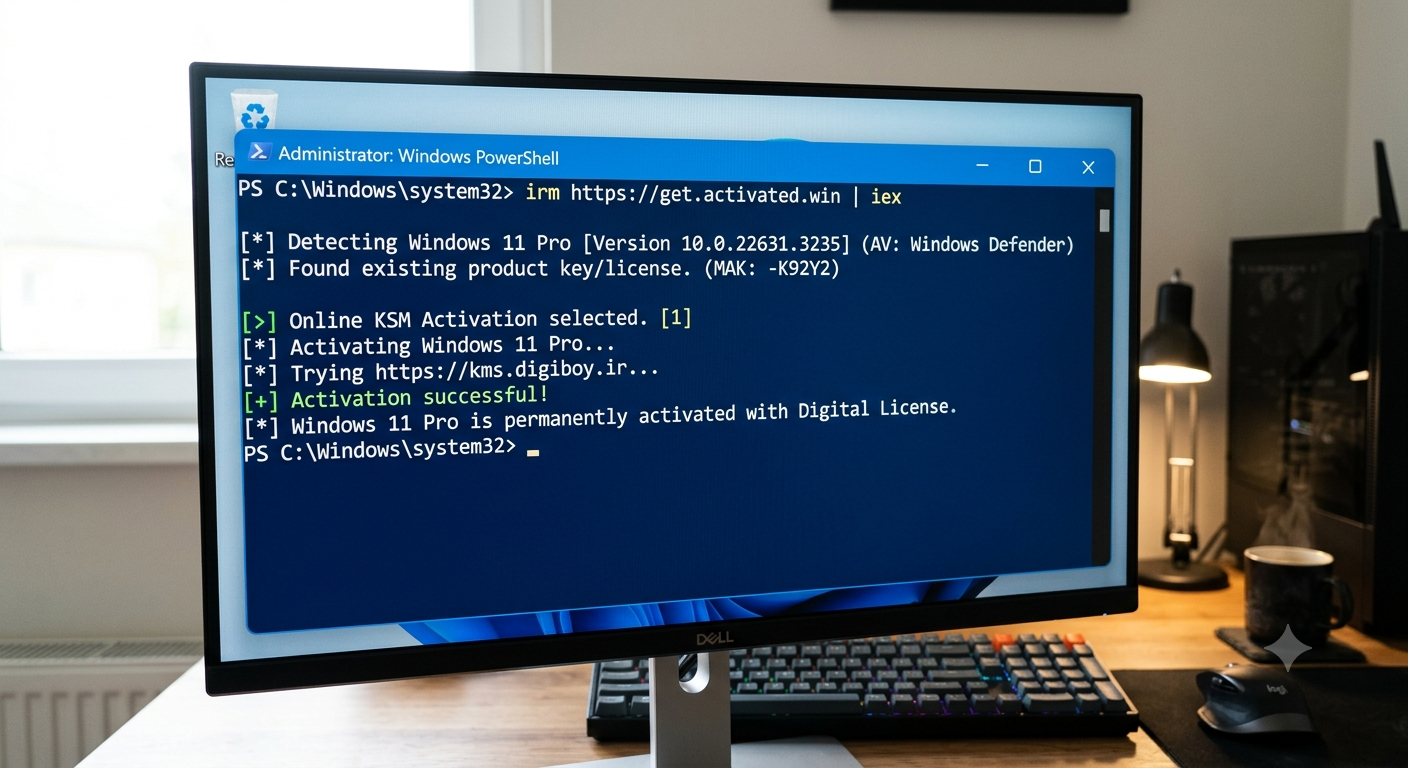Windows PowerShell 관리자 권한으로 실행하여 MAS 인증 명령어를 입력하는 화면