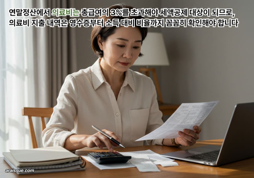 중년 여성이 연말정산을 준비하며 의료비 지출 내역과 총급여 대비 비율을 계산하는 장면으로, 의료비 세액공제는 연간 총급여의 3%를 초과한 금액부터 가능하다는 핵심 기준을 보여줍니다.