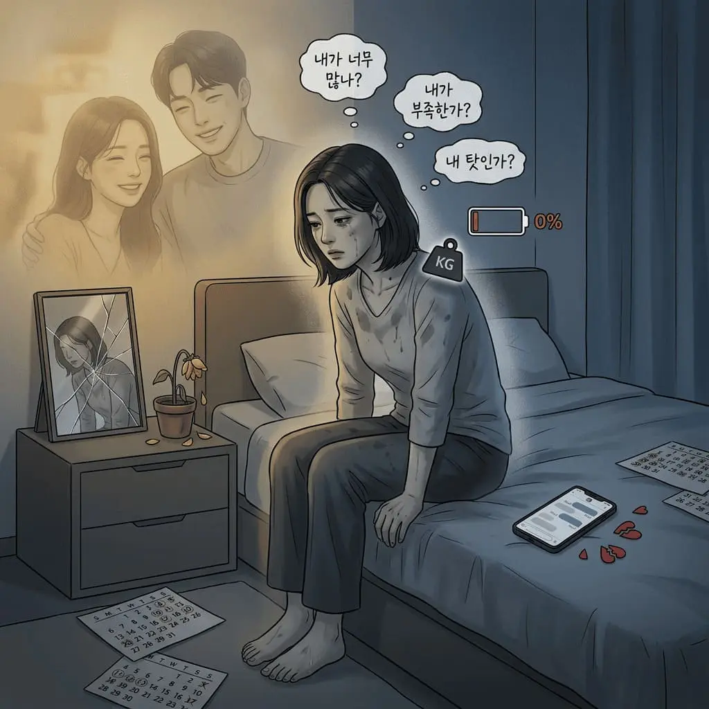 회피형 남자 연애 패턴 속에서 침대에 걸쳐 앉은 여자가 자기 탓(Self Blame)과 감정 소진(Emotional Exhaustion)