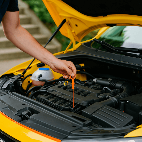 자동차 엔진오일 점검 중인 모습, 노란색 차량의 보닛 아래 엔진 확인 장면