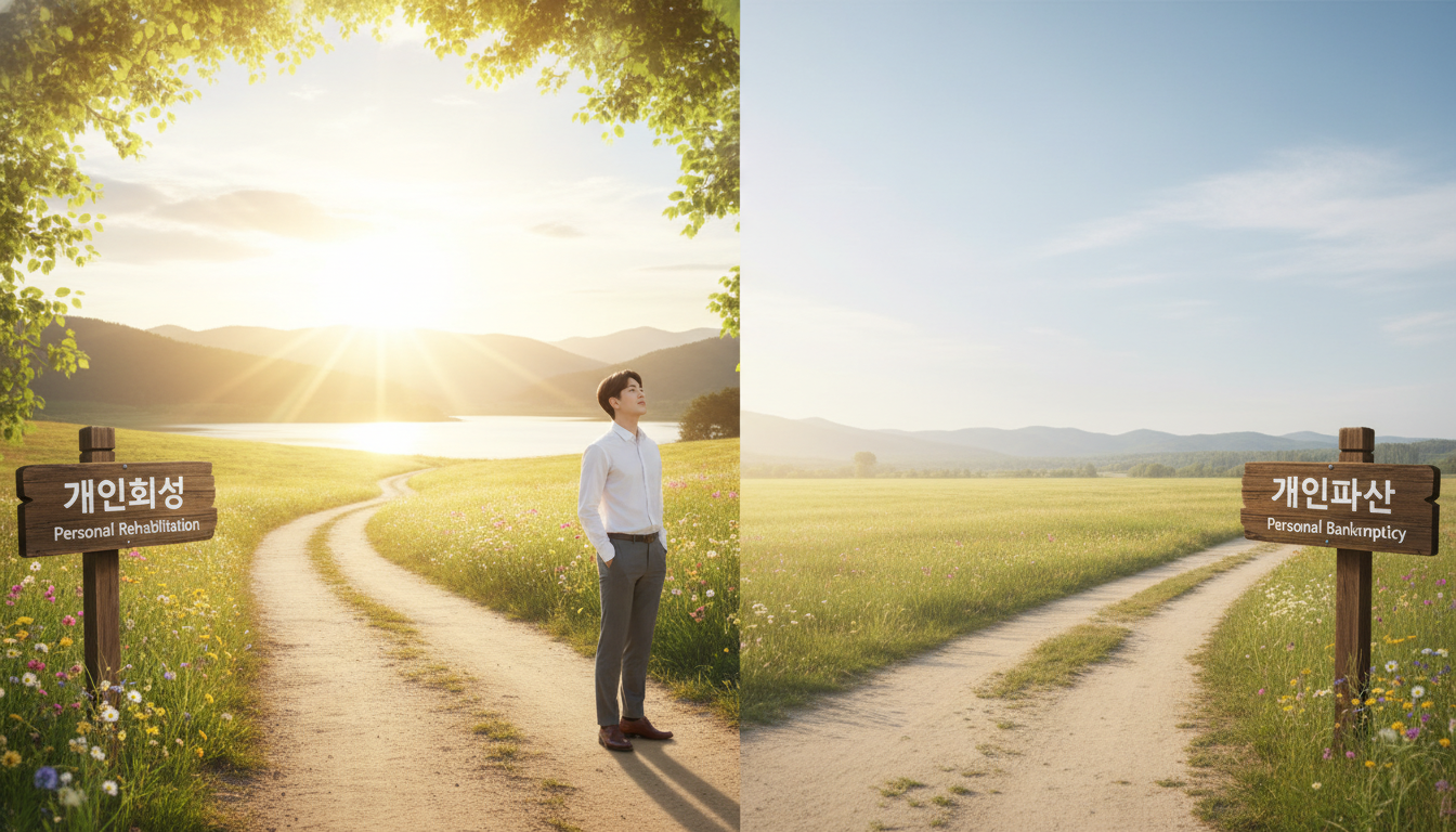 개인회생과 개인파산의 갈림길에서 희망찬 미래를 향해 나아가는 사람의 모습