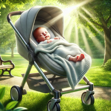 외출 후 산책로에서 유모차에 누워있는 신생아