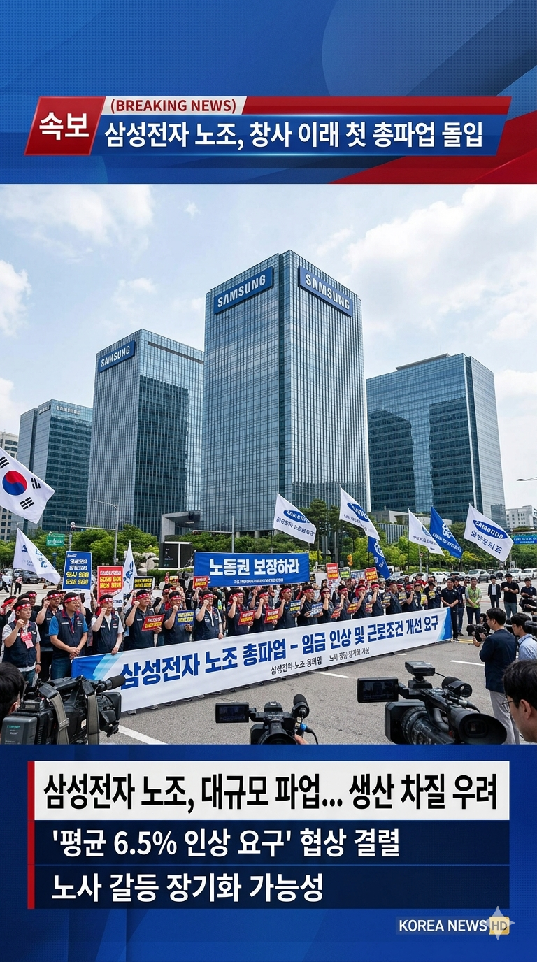 삼성전자 본사 전경과 노조 파업 관련 뉴스 헤드라인 합성 이미지