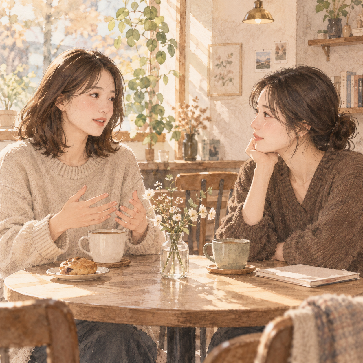 카페에서 서로의 마음을 차분히 이야기하고 듣는 두 친구