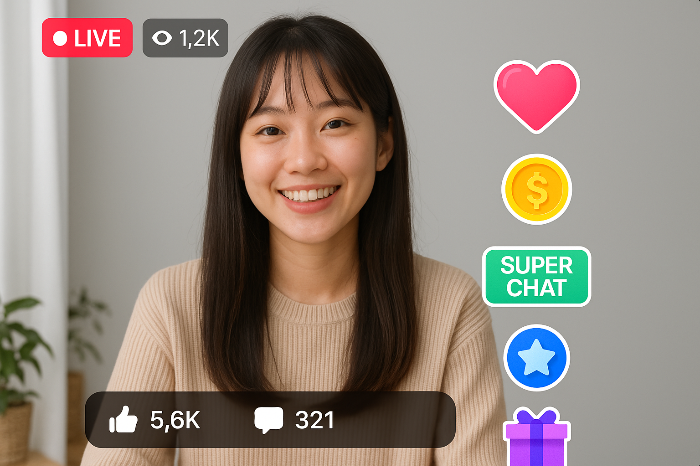 가상 후원과 멤버십 배지 등 다양한 실시간 수익 요소가 표시된 화면