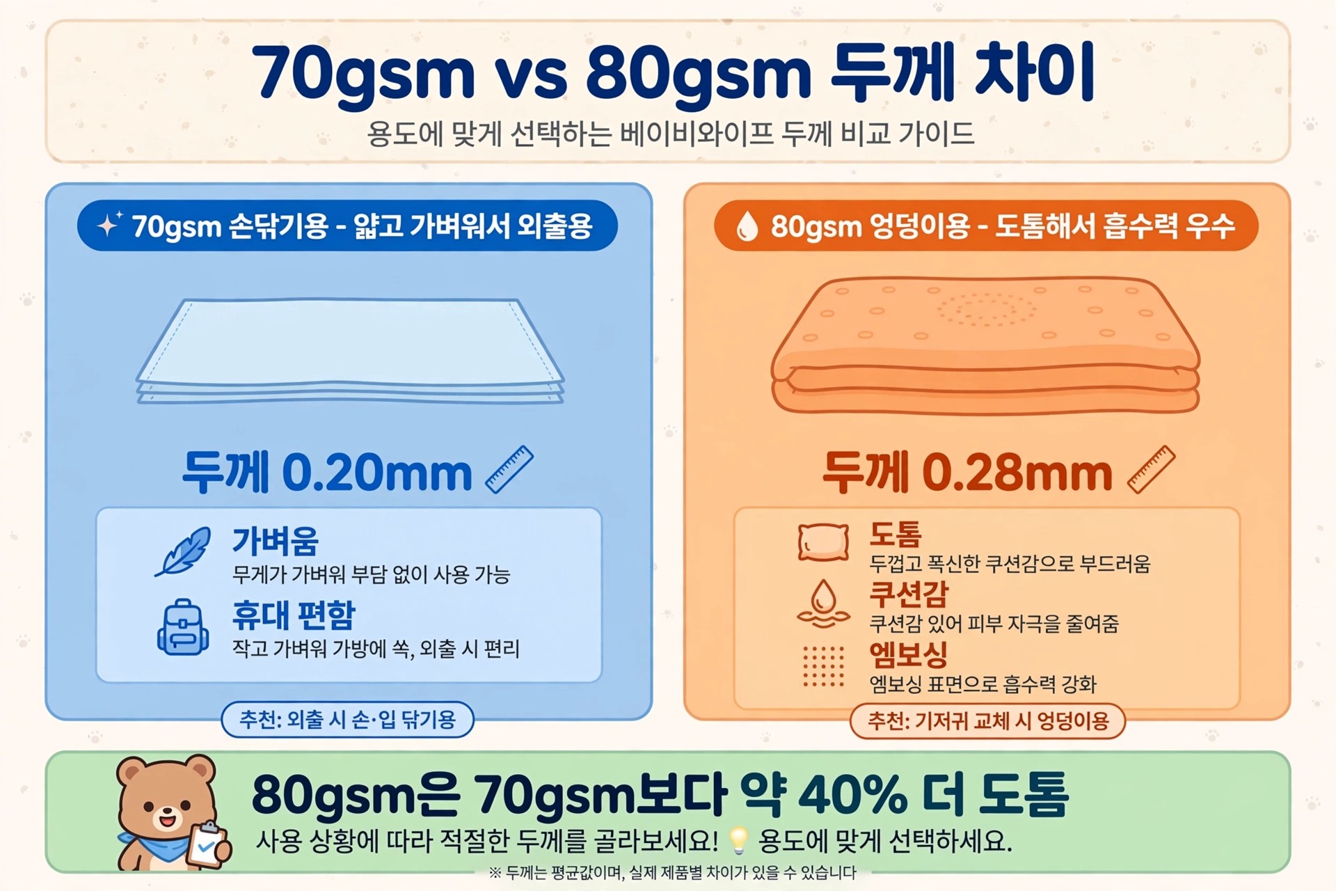 아기 물티슈 두께 비교 70gsm 손닦기용 0.20mm vs 80gsm 엉덩이용 0.28mm 용도에 맞게 선택하는 베이비와이프 두께 비교 가이드