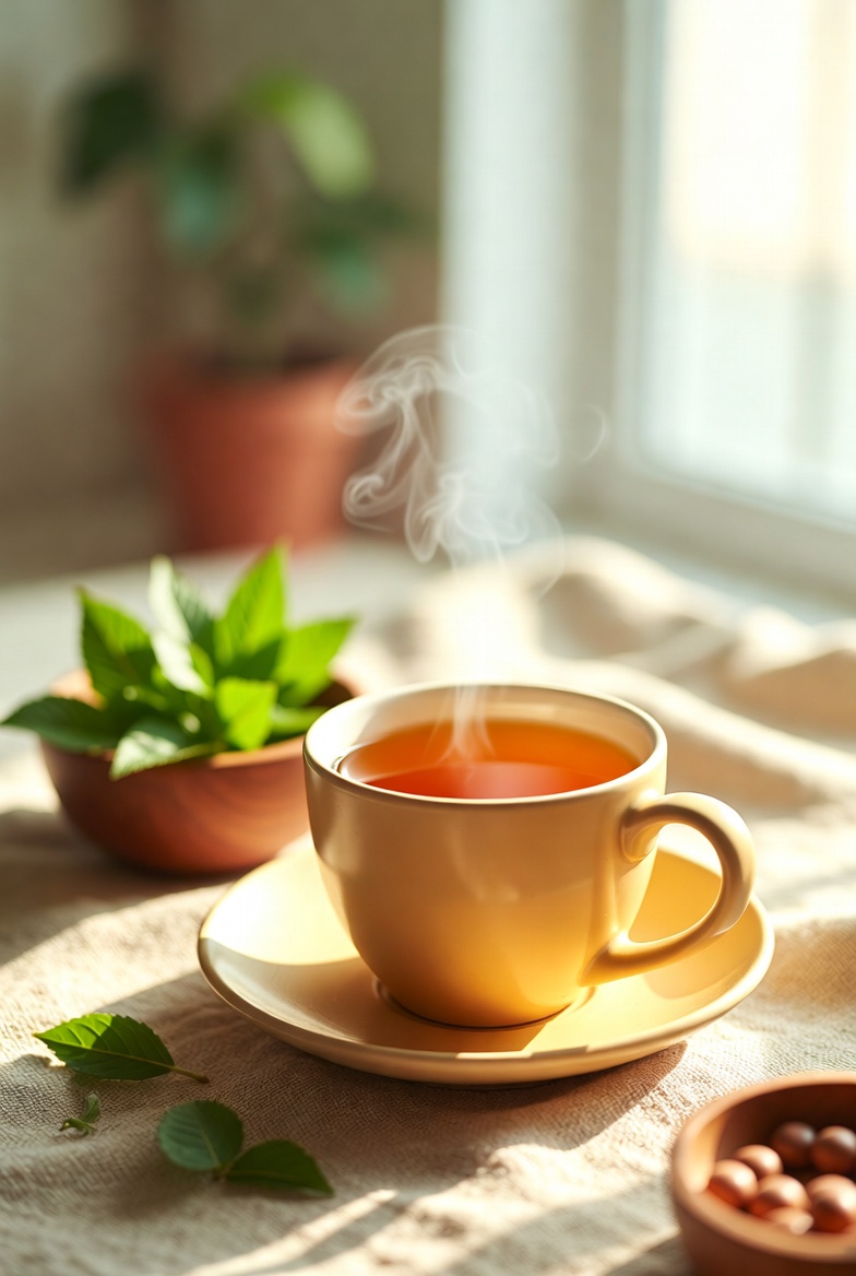 따뜻한 햇살이 비치는 창가에 놓인 김이 모락모락 나는 허브차 한 잔과 초록색 찻잎, 나무 그릇에 담긴 견과류가 있는 평온하고 건강한 느낌의 풍경