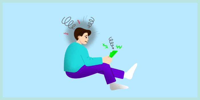 성실상환자 스마트폰 고지서 확인하며 스트레스 받는 모습 – 개인회생자 신용회복 상황 표현&quot;