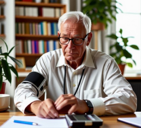 50대 이상으로 보이는 한 남성이 혈압을 측정하고 있는 모습입니다.