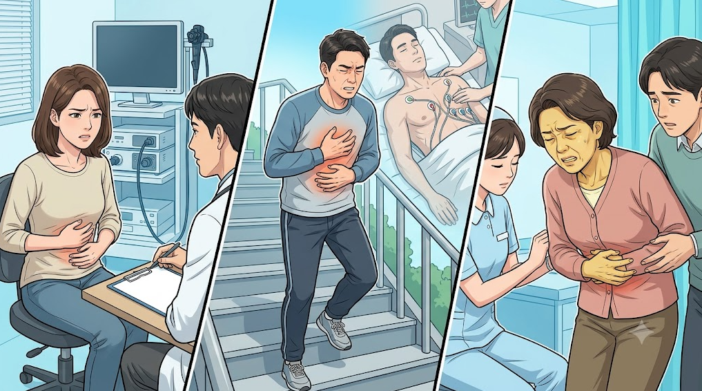 명치 통증에 관한 주요 3가지 궁금증과 진료 상황을 보여주는 Q&A 메디컬 일러스트