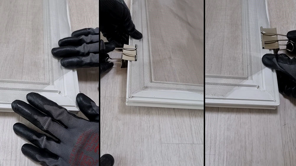 방충망 모서리 자르는 모습