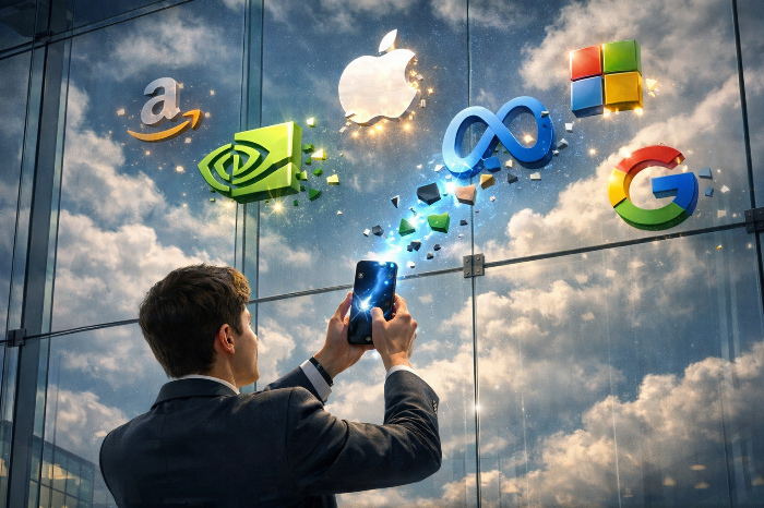 고가의 테크 우량주 장벽을 소수점 투자로 극복하는 직장인의 모습 시각화.