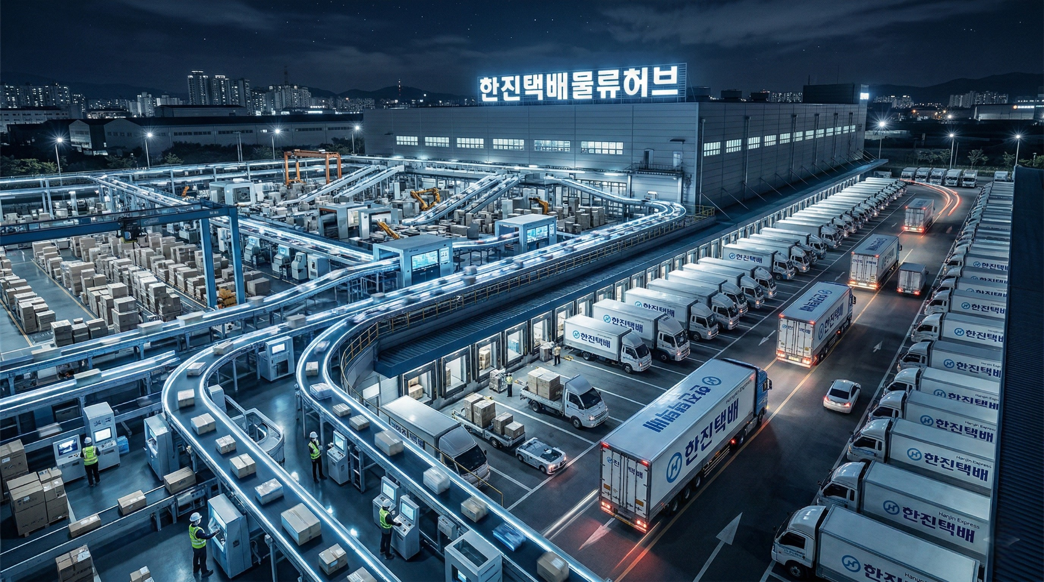 밤에 촬영된 한진택배 메가허브 물류 센터의 전경. 자동화된 분류 시스템이 바쁘게 움직이며 수많은 택배 상자를 처리하는 모습이 역동적으로 보인다.