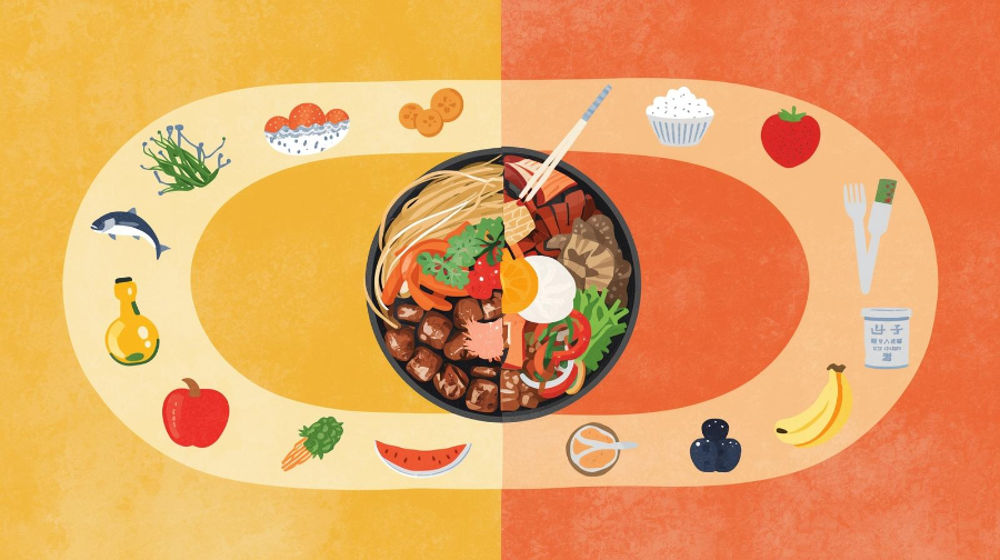 지중해식 상징 음식과 DASH 식단 요소가 한국 음식과 어우러지는 이미지