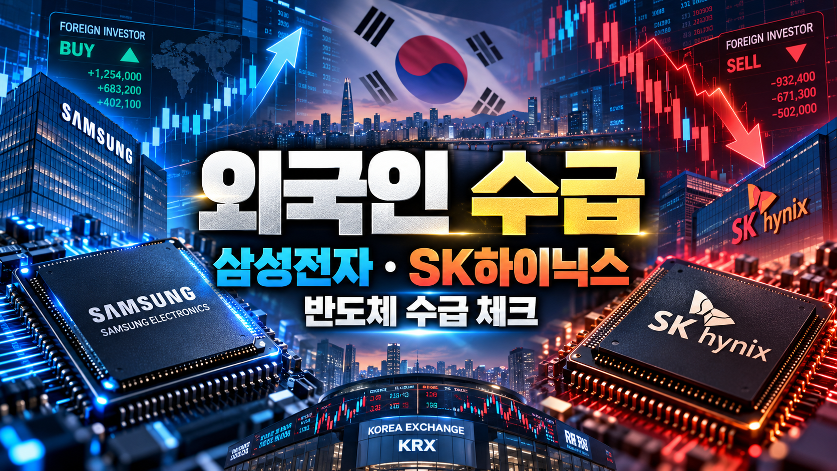 외국인 매매와 삼성전자 SK하이닉스 반도체 수급을 확인하는 한국 증시 이미지