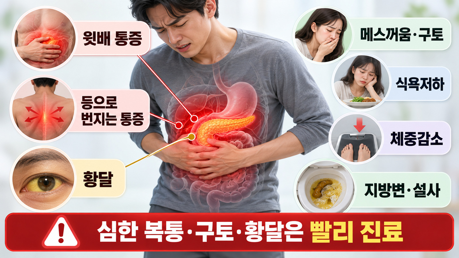 윗배 통증과 등으로 퍼지는 통증을 중심으로 구토, 식욕저하, 체중감소, 황달, 지방변과 설사를 설명하는 인포그래픽