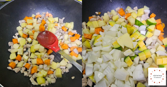 왼쪽은 돼지고기에 감자와 당근 넣어 볶기-오른쪽은 왼쪽과정에 양파와 호박과 버터 추가해서 같이 볶기