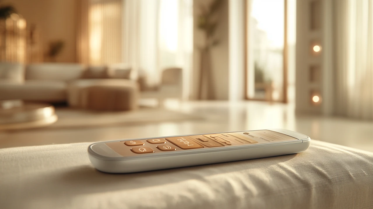 AI 및 에너지 절약 모드를 포함한 다양한 기능을 보여주는 최첨단 에어컨 리모컨, 세련된 실내 디자인과 조화를 이룹니다.