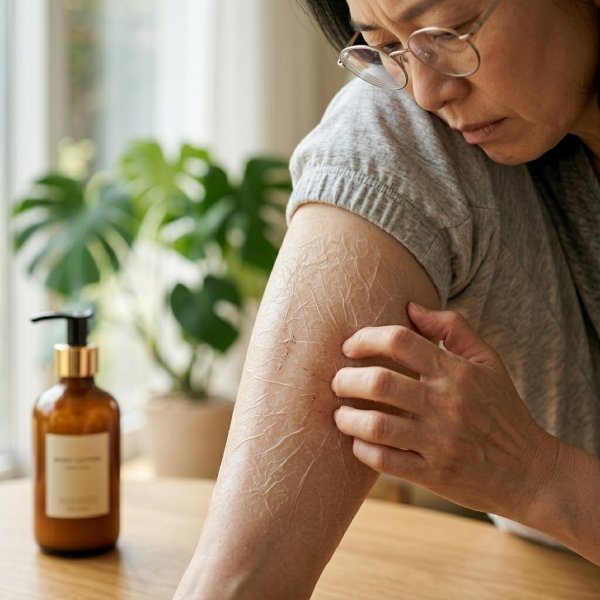 갱년기 호르몬 변화로 피부 장벽이 얇아져 건조함과 가려움증을 느끼는 중년 여성의 다리를 클로즈업한 사진