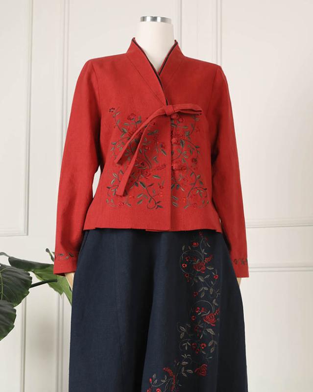 여자 봄 가을 생활한복 면 마 꽃자수 프릴 저고리 2color 계량한복