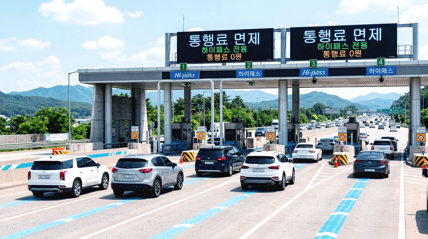 통행료 면제 안내가 적힌 고속도로 하이패스 차로 전경