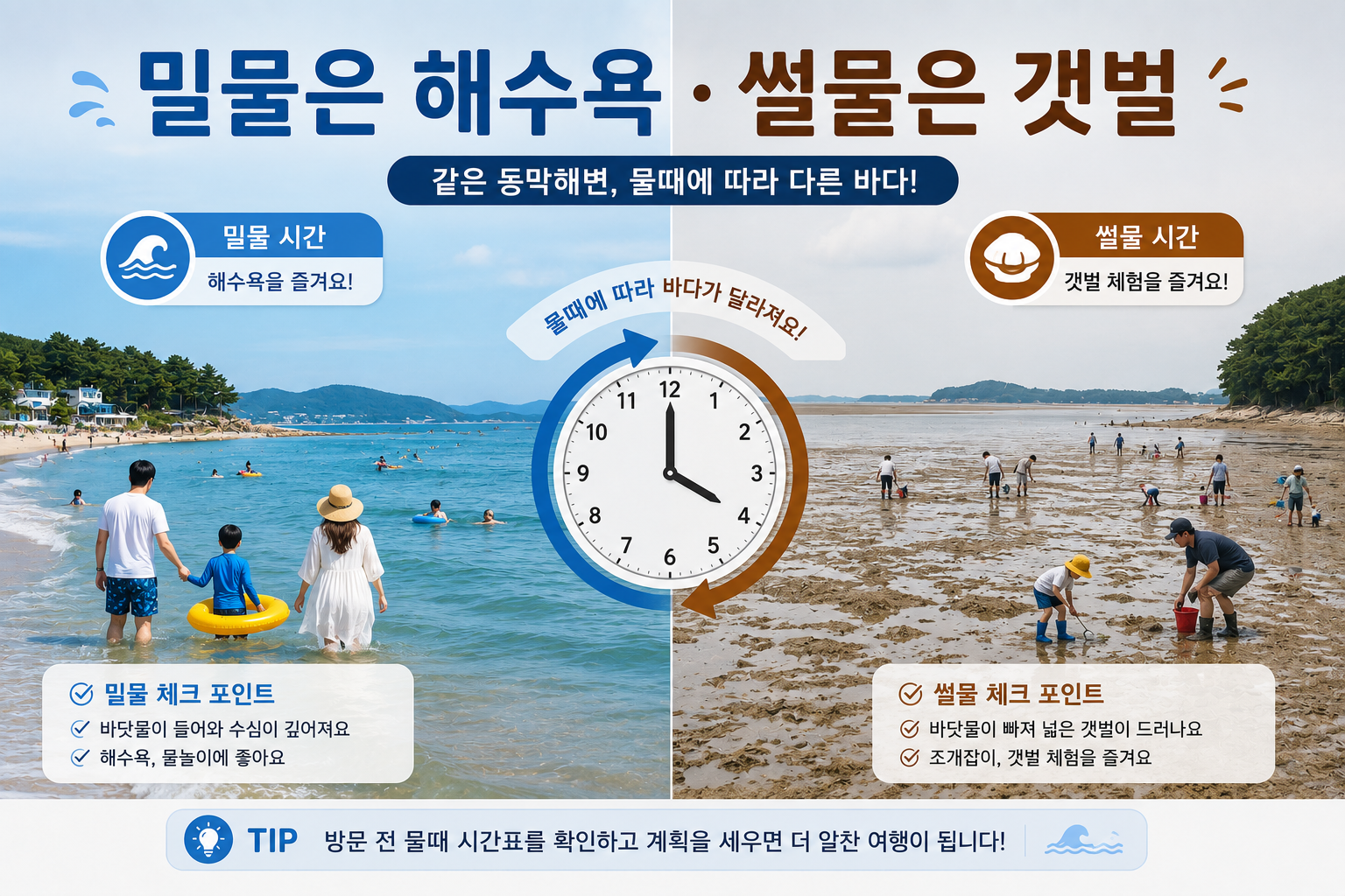 동막해수욕장 물때 밀물 해수욕 썰물 갯벌체험 비교