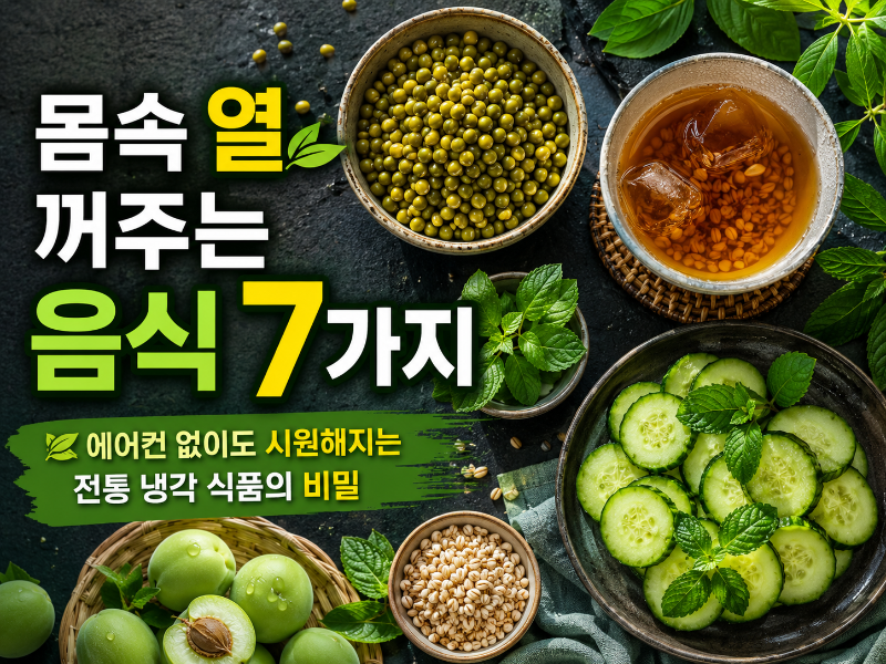 alt="짙은 녹색 배경에 녹두·보리차·오이·민트가 놓인 여름 체온 낮추는 음식 블로그 썸네일"
