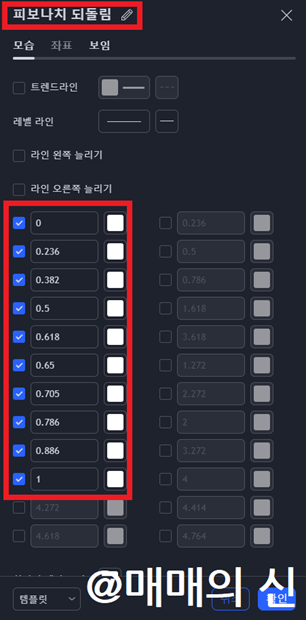 피보나치 되돌림 설정 값 사진