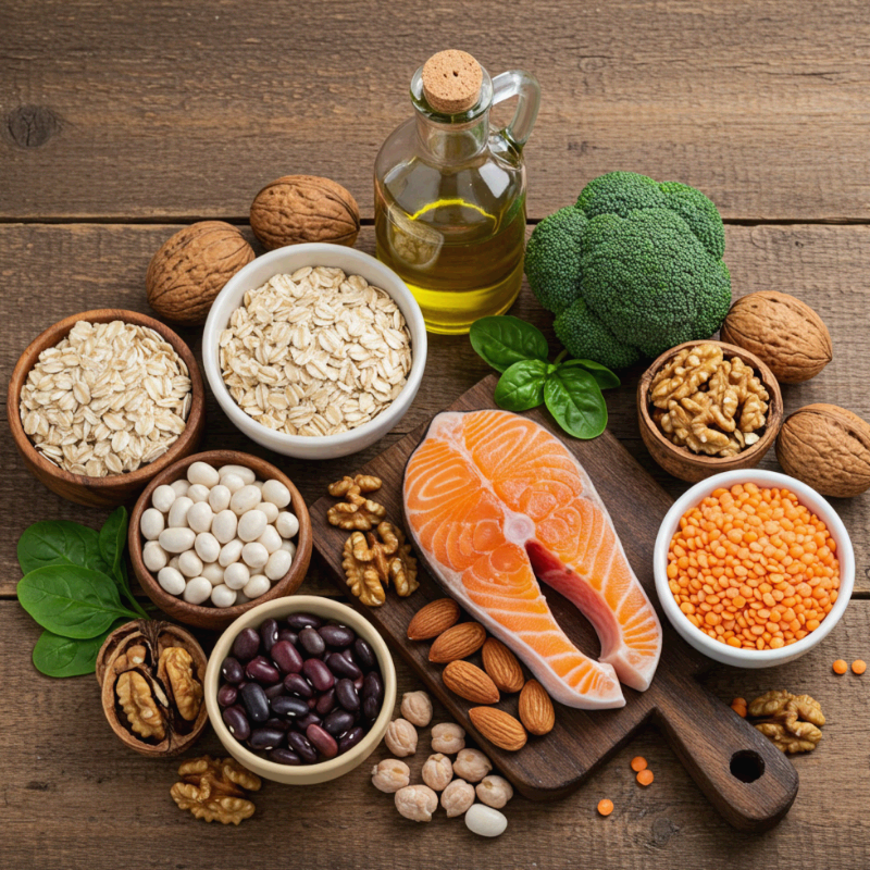 연어, 귀리, 콩류, 브로콜리, 호두, 올리브오일 등 콜레스테롤을 낮추고 혈관 건강에 도움이 되는 식품 모음