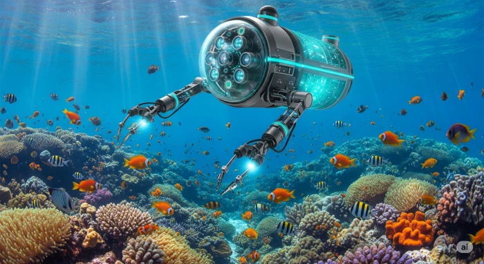 어업용 로봇이 수중에서 산호초 주변을 관찰하는 모습