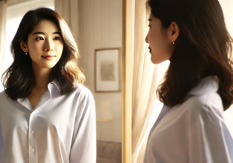 출근 전 거울을 보며 긍정적인 자기 암시를 하는 모습