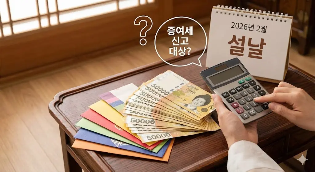 설날 세뱃돈과 현금 뭉치가 놓인 모습, 증여세 신고 대상인지 고민하는 이미지