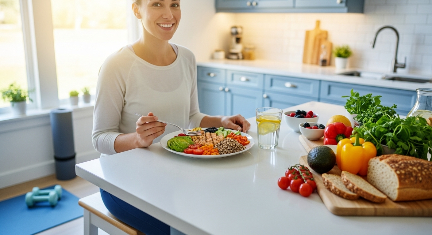 건강하고 균형 잡힌 식사를 즐기며 활기찬 라이프스타일을 유지하는 사람의 모습.